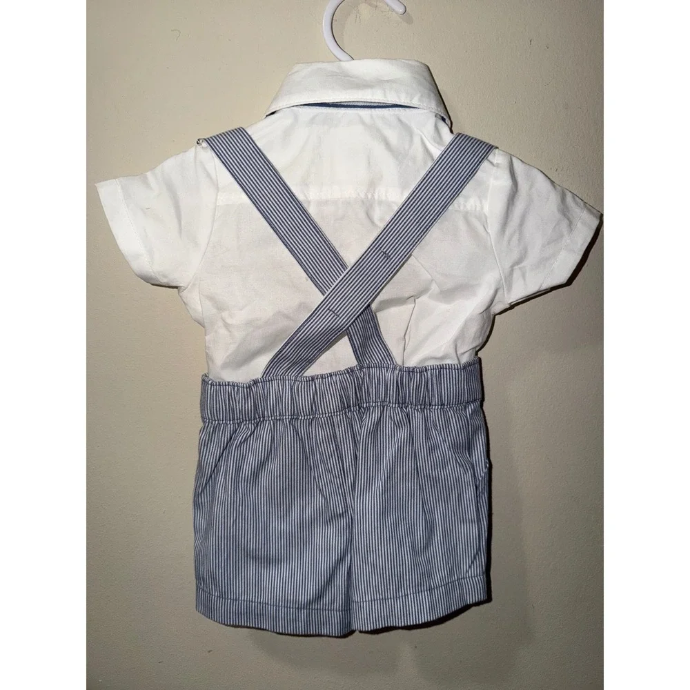 Carters Summer Wedding outfit Blue White Stripe Suspender Top Shorts Set Bow Tie - Picture 2 of 3